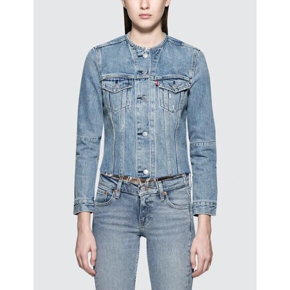 Levi’s Altered Trucker Size Medium Light Wash Raw Hem Denim Jean Jacket - Stains - Picture 1 of 13